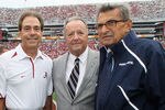 TUSCALOOSA, AL - SEPTEMBER 11:  In this image provided by the University of Alabama, (L-R) head coach Nick Saban of the Alabama Crimson Tide, retired coach Bobby Bowden and head coach Joe Paterno of the Penn State Nittany Lions converse during pre-game warm-ups at Bryant-Denny Stadium on September 11, 2010 in Tuscaloosa, Alabama.  (Photo by University of Alabama via Getty Images)