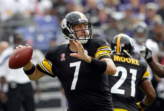 BALTIMORE, MD - SEPTEMBER 11: Quarterback  Ben Roethlisberger #7 of the Pittsburgh Steelers drops back to pass against the Baltimore Ravens during second half of the season opener at M&T Bank Stadium on September 11, 2011 in Baltimore, Maryland.  (Photo by Rob Carr/Getty Images)