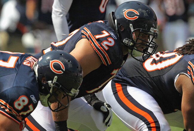 CHICAGO, IL - SEPTEMBER 11:  Gabe Carimi #72 of the Chicago Bears awaits the start of play against the Atlanta Falcons at Soldier Field on September 11, 2011 in Chicago, Illinois. The Bears defeated the Falcons 30-12.  (Photo by Jonathan Daniel/Getty Images)