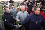 CLEVELAND - NOVEMBER 07:  Head coach Eric Mangini of the Cleveland Browns shakes hands with head coach Bill Belichick of the New England Patriots at Cleveland Browns Stadium on November 7, 2010 in Cleveland, Ohio.  (Photo by Matt Sullivan/Getty Images)