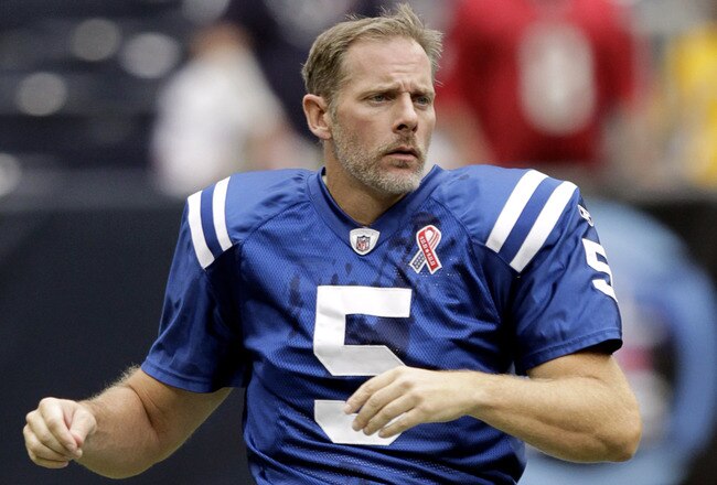 HOUSTON - SEPTEMBER 11:  Quarterback Kerry Collins #5 of the Indianapolis Colts during game action against the Houston Texans at Reliant Stadium on September 11, 2011 in Houston, Texas. The Texans won 34-7.  (Photo by Bob Levey/Getty Images)