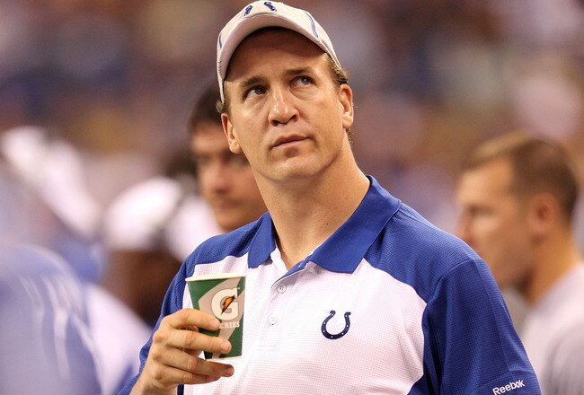 INDIANAPOLIS, IN - AUGUST 19:  Peyton Manning of the Indianapolis Colts watches the action during the game against the Washington Redskins at Lucas Oil Stadium on August 19, 2011 in Indianapolis, Indiana.  (Photo by Andy Lyons/Getty Images)