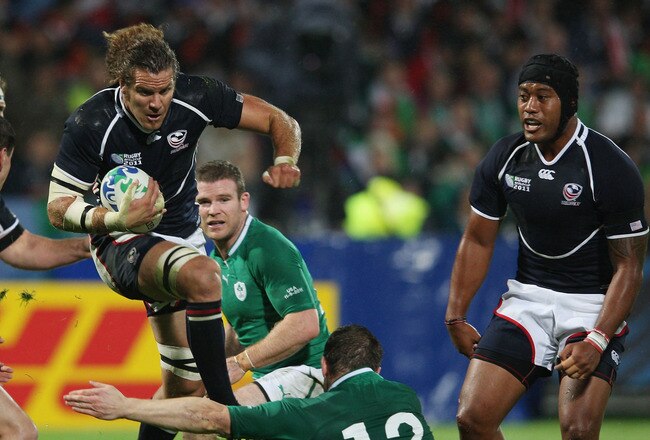 NEW PLYMOUTH, NEW ZEALAND - SEPTEMBER 11:  Todd Clever of USA leaps with the ball during the IRB 2011 Rugby World Cup Pool C match between Ireland and the USA on September 11, 2011 in New Plymouth, New Zealand.  (Photo by Sandra Mu/Getty Images)