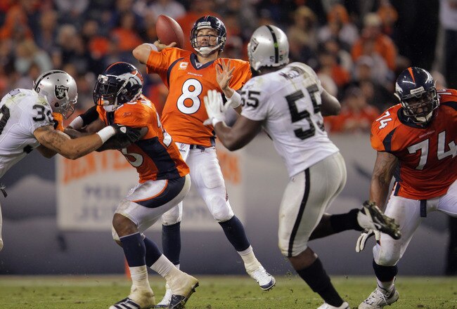 DENVER, CO - SEPTEMBER 12:  Quarterback  Kyle Orton #8 of the Denver Broncos delivers a pass against the Oakland Raiders at Sports Authority Field at Mile High on September 12, 2011 in Denver, Colorado.  (Photo by Doug Pensinger/Getty Images)