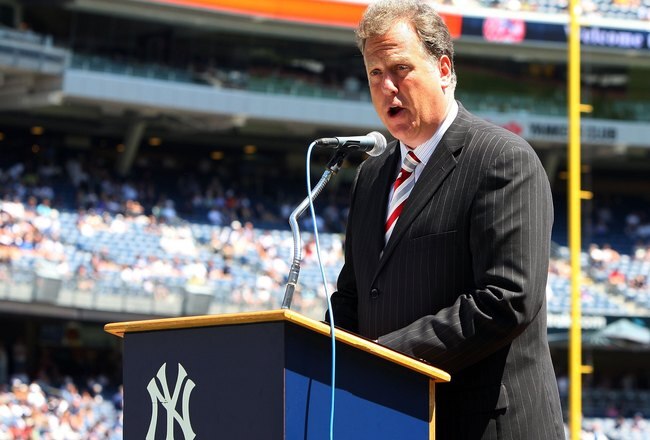 NEW YORK - JULY 19:  New York Yankees television broadcaster Michael Kay speaks during the teams 63rd Old Timers Day before the game against the Detroit Tigers on July 19, 2009 at Yankee Stadium in the Bronx borough of New York City.  (Photo by Jim McIsaac/Getty Images)