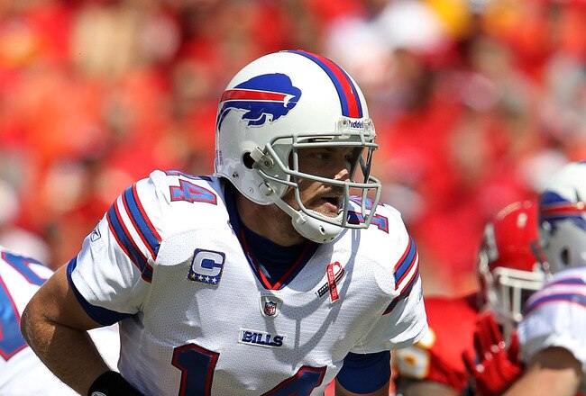 KANSAS CITY, MO - SEPTEMBER 11:  Quarterback Ryan Fitzpatrick #14 of the Buffalo Bills in action during the game against the Kansas City Chiefs at Arrowhead Stadium on September 11, 2011 in Kansas City, Missouri.  (Photo by Jamie Squire/Getty Images)