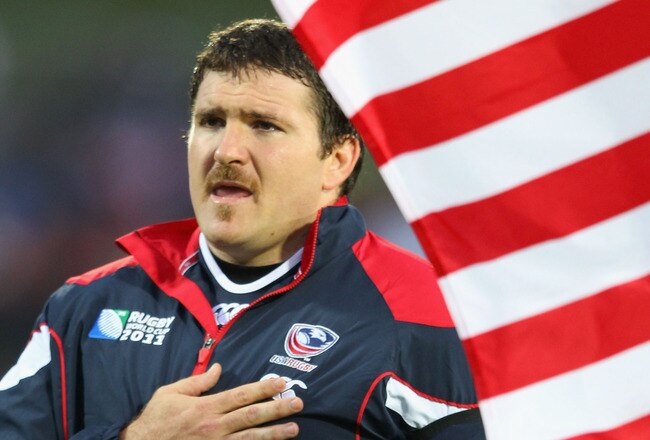 NEW PLYMOUTH, NEW ZEALAND - SEPTEMBER 11:  Mike MacDonald of USA during the national anthem ahead of the IRB 2011 Rugby World Cup Pool C match between Ireland and the USA on September 11, 2011 in New Plymouth, New Zealand.  (Photo by Hannah Johnston/Getty Images)