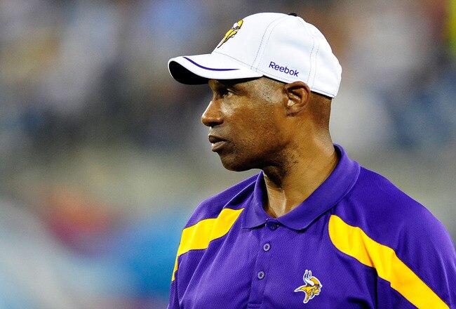 NASHVILLE, TN - AUGUST 13:  Coach Leslie Frazier of the Minnesota Vikings watches his team against the Tennessee Titans during a preseason game at LP Field on August 13, 2011 in Nashville, Tennessee. Tennessee defeated Minnestoa, 14-3. (Photo by Grant Halverson/Getty Images)