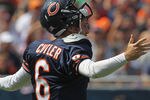 CHICAGO, IL - SEPTEMBER 11: Jay Cutler #6 of the Chicago Bears protests to a referee that members of the Atlanta Falcons defense should be called for roughing the passer at Soldier Field on September 11, 2011 in Chicago, Illinois. The Bears defeated the Falcons 30-12. (Photo by Jonathan Daniel/Getty Images)