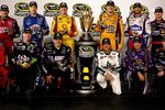 RICHMOND, VA - SEPTEMBER 10:  (Back row L-R) Tony Stewart, driver of the #14 Office Depot/Mobil 1 Chevrolet, Brad Keselowski, driver of the #2 Miller Lite Dodge, Kurt Busch, driver of the #22 Shell/Pennzoil Dodge, Kyle Busch, driver of the #18 M&M's Toyota, Jimmie Johnson, driver of the #48 Lowe's/Power of Pride Chevrolet, Jeff Gordon, driver of the #24 Drive to End Hunger Chevrolet, (front row L-R) Kevin Harvick, driver of the #29 Budweiser Chevrolet, Carl Edwards, driver of the #99 Kellogg's/Cheez-it Ford, Ryan Newman, driver of the #39 U.S. Army-9/11 Chevrolet, Dale Earnhardt Jr., driver of the #88 Amp Energy/National Guard Chevrolet, Matt Kenseth, driver of the #17 Ollie's Bargain Outlet Ford, and Denny Hamlin, driver of the #11 FedEx Express Toyota, pose after clinching spots in the 'Chase for the Sprint Cup' following the NASCAR Sprint Cup Series Wonderful Pistachios 400 at Richmond International Raceway on September 10, 2011 in Richmond, Virginia.  (Photo by Jeff Zelevansky/Getty Images)