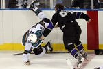 ONTARIO, CA - SEPTEMBER 17:  Kyle Clifford #64 of the Los Angeles Kings pulls down Brandon Mashinter #72 of the San Jose Sharks as they square off to fight on September 17, 2009 at Citizens Business Bank Arena in Ontario, California. (Photo by Stephen Dunn/Getty Images)