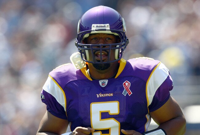 SAN DIEGO, CA - SEPTEMBER 11:  Donovan McNabb #5 of the Minnesota Vikings looks on from the field against the San Diego Chargers during their season opener on September 11, 2011 at Qualcomm Stadium in San Diego, California. (Photo by Donald Miralle/Getty Images)