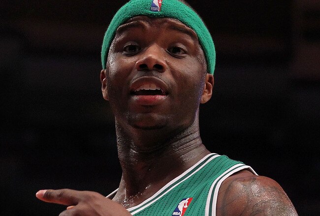NEW YORK, NY - APRIL 22:  Jermaine O'Neal #7 of the Boston Celtics reacts against the New York Knicks in Game Three of the Eastern Conference Quarterfinals in the 2011 NBA Playoffs on April 22, 2011 at Madison Square Garden in New York City.  NOTE TO USER: User expressly acknowledges and agrees that, by downloading and or using this photograph, User is consenting to the terms and conditions of the Getty Images License Agreement.  (Photo by Nick Laham/Getty Images)