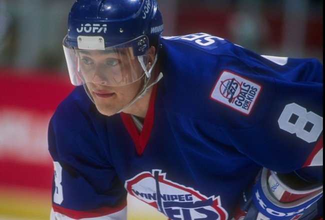 27 Jan 1995:  Rightwinger Teemu Selanne of the Winnipeg Jets looks on during a game against the Anaheim Mighty Ducks at Arrowhead Pond in Anaheim, California.  The Ducks won the game, 3-2. Mandatory Credit: Al Bello  /Allsport