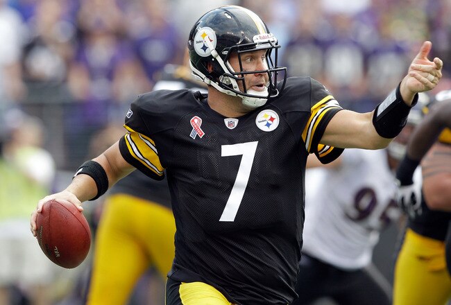BALTIMORE, MD - SEPTEMBER 11:  Quarterbck  Ben Roethlisberger #7 of the Pittsburgh Steelers drops back to pass against the Baltimore Ravens during the second half of the season opener at M&T Bank Stadium on September 11, 2011 in Baltimore, Maryland.  (Photo by Rob Carr/Getty Images)
