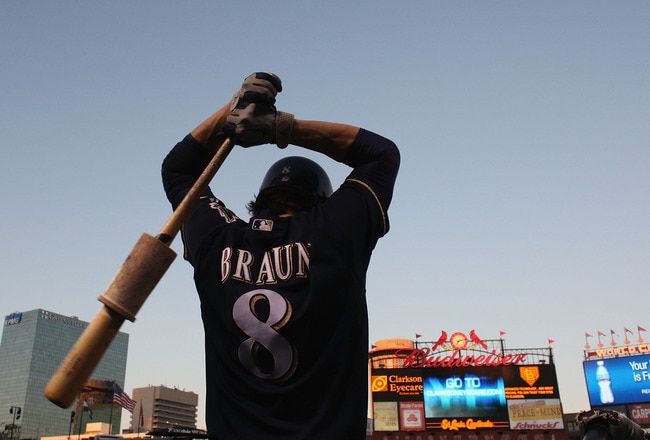 ST. LOUIS, MO - SEPTEMBER 6: Ryan Braun #8 of the Milwaukee Brewers stretches prior to batting against the St. Louis Cardinals at Busch Stadium on September 6, 2011 in St. Louis, Missouri.  The Cardinals beat the Brewers 4-2.  (Photo by Dilip Vishwanat/Getty Images)