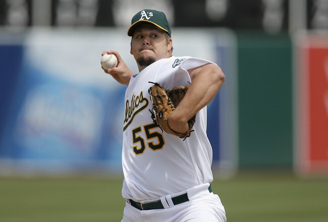 OAKLAND, CA - MAY 25:  Pitcher Joe Blanton #55 of the Oakland Athletics delivers a pitch against the Boston Red Sox on May 25, 2008 at McAfee Coliseum in Oakland, California. Oakland won 6 to 3.  (Photo by Greg Trott/Getty Images)