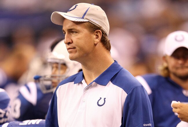 INDIANAPOLIS, IN - AUGUST 19: Peyton Manning of the Indianapolis Colts watches the action during the game against the Washington Redskins at Lucas Oil Stadium on August 19, 2011 in Indianapolis, Indiana.  (Photo by Andy Lyons/Getty Images)