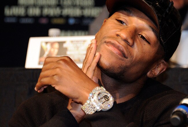LAS VEGAS, NV - SEPTEMBER 14:  Boxer Floyd Mayweather Jr. appears during the final news conference for his bout against Victor Ortiz at the MGM Grand Hotel/Casino September 14, 2011 in Las Vegas, Nevada. Mayweather will challenge Ortiz for the WBC welterweight title on September 17, 2011 in Las Vegas.  (Photo by Ethan Miller/Getty Images)