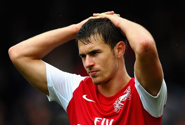 BLACKBURN, ENGLAND - SEPTEMBER 17: Aaron Ramsey of Arsenal shows his dissapointment during the Barclays Premier League match between Blackburn Rovers and Arsenal at Ewood Park on September 17, 2011 in Blackburn, England.  (Photo by Laurence Griffiths/Getty Images)