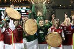 PORTLAND, OR - SEPTEMBER 16: Darlington Nagbe #6, Kenny Cooper #33, and Diego Chara #21 of the Portland Timbers hold up log slabs celebrating their goals against the New England Revolution  on September 16, 2011 at Jeld-Wen Field in Portland, Oregon. The Timbers defeated the Revolution 3-0. (Photo by Tom Hauck/Getty Images)