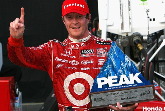 MOTEGI, JAPAN - SEPTEMBER 17:  Scott Dixon of New Zealand driver of the #9 Target Chip Ganassi Racing Dallara Honda celebrates pole position for the Indy Japan 300 The Final on the road course at the Twin Ring Motegi on September 17, 2011 in Motegi, Japan.  (Photo by Darrell Ingham/Getty Images)