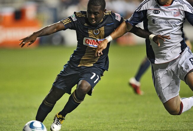 CHESTER, PA- SEPTEMBER 07: Freddy Adu #11 of the Philadelphia Union fights for the ball during the game against the New England Revolution at PPL Park on September 7, 2011 in Chester, Pennsylvania. (Photo by Drew Hallowell/Getty Images)