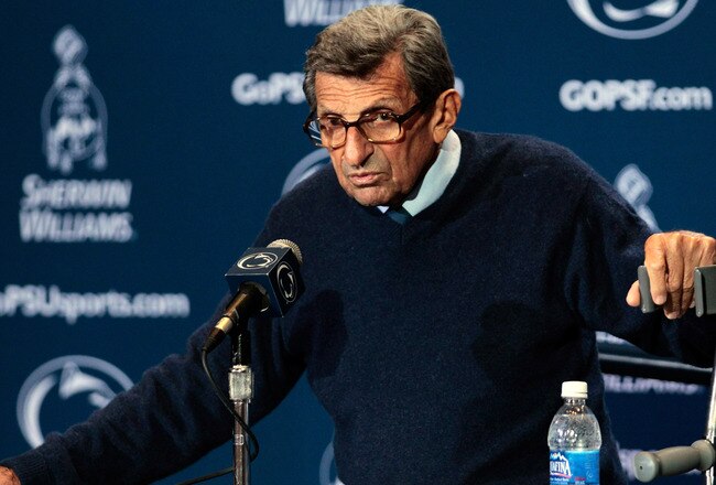 STATE COLLEGE, PA - SEPTEMBER 10: Head coach Joe Paterno talks with the media following thier 27-11 loss to the Alabama Crimson Tide at Beaver Stadium on September 10, 2011 in State College, Pennsylvania.  (Photo by Rob Carr/Getty Images)