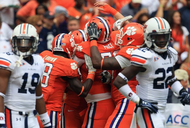 CLEMSON, SC - SEPTEMBER 17:  The Clemson Tigers celebrate a touchdown against the Auburn Tigers during their game at Memorial Stadium on September 17, 2011 in Clemson, South Carolina.  (Photo by Streeter Lecka/Getty Images)