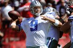 SAN FRANCISCO, CA - SEPTEMBER 18: Tony Romo #9 of the Dallas Cowboys drops back to pass against the San Francisco 49ers during an NFL football game at Candlestick Park on September 18, 2011 in San Francisco, California.  (Photo by Thearon W. Henderson/Getty Images)