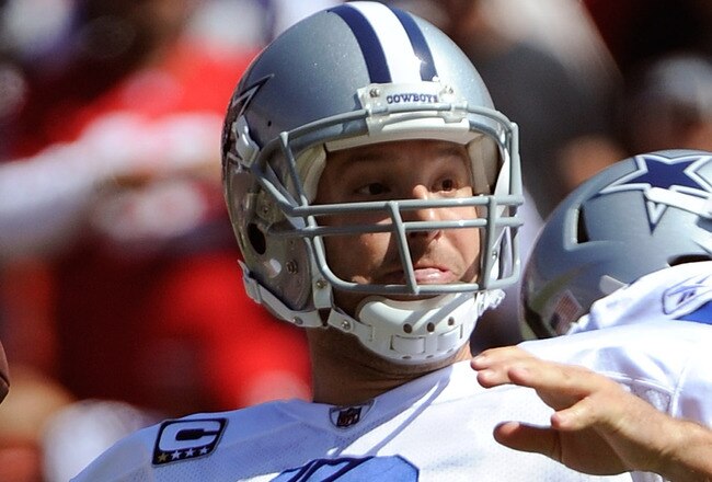 SAN FRANCISCO, CA - SEPTEMBER 18: Tony Romo #9 of the Dallas Cowboys drops back to pass against the San Francisco 49ers during an NFL football game at Candlestick Park on September 18, 2011 in San Francisco, California.  (Photo by Thearon W. Henderson/Getty Images)