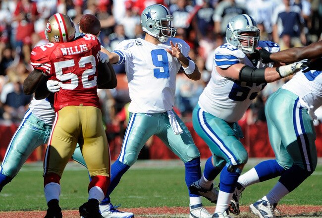 SAN FRANCISCO, CA - SEPTEMBER 18: Tony Romo #9 of the Dallas Cowboys throws a pass against the San Francisco 49ers in the fourth quarter of an NFL football game at Candlestick Park on September 18, 2011 in San Francisco, California. The Cowboys won the game in overtime 27-24. (Photo by Thearon W. Henderson/Getty Images)