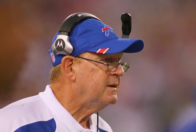 ORCHARD PARK, NY - AUGUST 27: Chan Gailey, head coach of the Buffalo Bills watches from the sidelines against the Jacksonville Jaguars
  at Ralph Wilson Stadium on August 27, 2011 in Orchard Park, New York .Buffalo won 35-32 in overtime  (Photo by Rick Stewart/Getty Images)