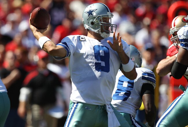SAN FRANCISCO, CA - SEPTEMBER 18:   Tony Romo #9 of the Dallas Cowboys throws against the San Francisco 49ers at Candlestick Park on September 18, 2011 in San Francisco, California.  (Photo by Jed Jacobsohn/Getty Images)