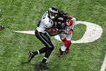 ATLANTA - SEPTEMBER 18: Jeremy Maclin #18 of the Philadelphia Eagles is tackled by Dunta Robinson #23 of the Atlanta Falcons at the Georgia Dome on September 18, 2011 in Atlanta, Georgia. Robinson would be penalized for leading with his helmet. (Photo by Scott Cunningham/Getty Images)