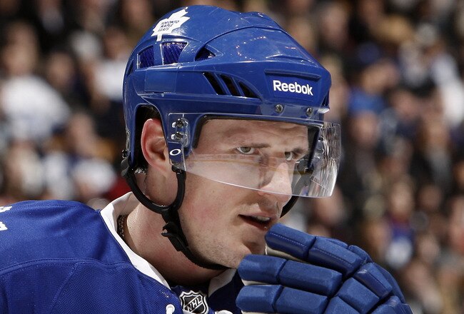 TORONTO, CANADA - FEBRUARY 26: Dion Phaneuf #3 of the Toronto Maple Leafs prepares for a faceoff during the game against the Pittsburgh Penguins at the Air Canada Centre February 26, 2011 in Toronto, Ontario, Canada. (Photo by Abelimages/Getty Images)
