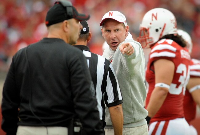 LINCOLN, NE - SEPTEMBER 17: Nebraska coach Bo Pelini points out what he thought was a penalty as his Cornuskers played the Washington Huskies at Memorial Stadium September 17, 2011 in Lincoln, Nebraska.(Photo by Eric Francis/Getty Images)