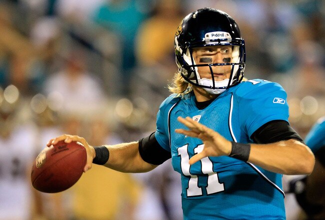JACKSONVILLE, FL - SEPTEMBER 01:  Quarterback Blaine Gabbert #11 of the Jacksonville Jaguars attempts a pass during a game against the St. Louis Rams at EverBank Field on September 1, 2011 in Jacksonville, Florida.  (Photo by Sam Greenwood/Getty Images)
