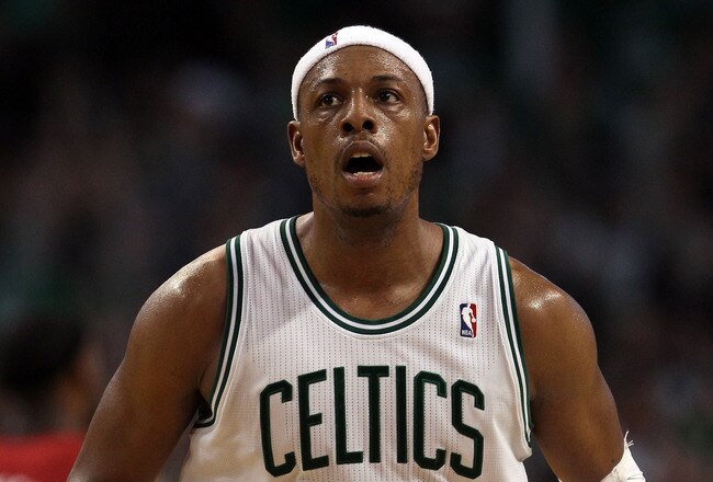 BOSTON, MA - MAY 07:  Paul Pierce #34 of the Boston Celtics celebrates a shot in the second half against the Miami Heat in Game Three of the Eastern Conference Semifinals in the 2011 NBA Playoffs on May 7, 2011 at the TD Garden in Boston, Massachusetts.  The Boston Celtics defeated the Miami Heat 97-81. NOTE TO USER: User expressly acknowledges and agrees that, by downloading and or using this photograph, User is consenting to the terms and conditions of the Getty Images License Agreement.  (Photo by Elsa/Getty Images)