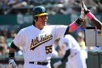 OAKLAND, CA - SEPTEMBER 04: Hideki Matsui #55 of the Oakland Athletics celebrates after scoring on a David DeJesus #12 RBI single against the Seattle Mariners in the fifth inning during an MLB baseball game at O.co Coliseum on September 4, 2011 in Oakland, California.  (Photo by Thearon W. Henderson/Getty Images)