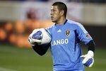 HARRISON, NJ - SEPTEMBER 21: Nick Rimando #18 of Real Salt Lake looks to pass the ball against New York Red Bulls during their game at Red Bull Arena on September 21, 2011 in Harrison, New Jersey.  (Photo by Jeff Zelevansky/Getty Images)