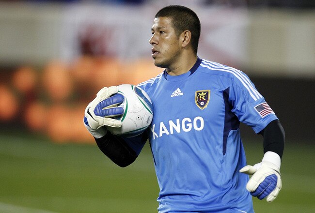 HARRISON, NJ - SEPTEMBER 21: Nick Rimando #18 of Real Salt Lake looks to pass the ball against New York Red Bulls during their game at Red Bull Arena on September 21, 2011 in Harrison, New Jersey.  (Photo by Jeff Zelevansky/Getty Images)