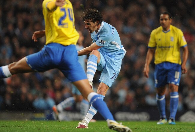 MANCHESTER, ENGLAND - SEPTEMBER 21: Owen Hargreaves of Manchester City scores to make it 1-0 during the Carling Cup Third Round match between Manchester City and Birmingham City at the Etihad Stadium on September 21, 2011 in Manchester, England.  (Photo by Michael Regan/Getty Images)