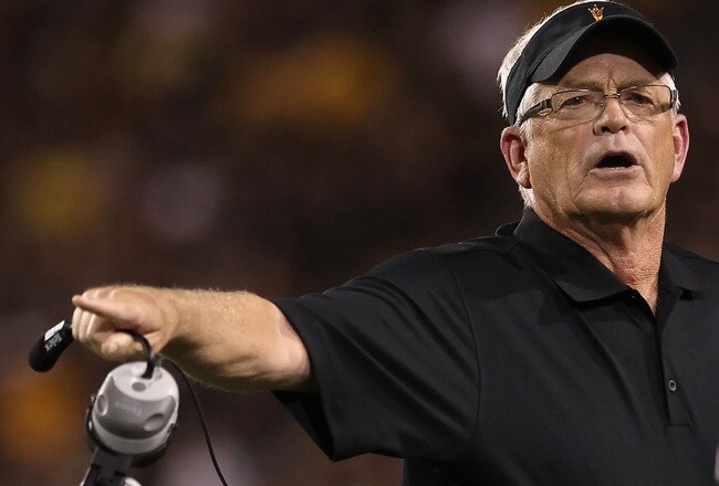 TEMPE, AZ - SEPTEMBER 09:  Head coach Dennis Erickson of the Arizona State Sun Devils reacts during the college football game against the Missouri Tigers at Sun Devil Stadium on September 9, 2011 in Tempe, Arizona. The Sun Devils defeated the Tigers 37-30 in overtime.  (Photo by Christian Petersen/Getty Images)