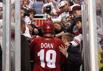 GLENDALE, AZ - APRIL 20:  Shane Doan #19 of the Phoenix Coyotes walks off the ice after being defeated by the Detroit Red Wings in Game Four of the Western Conference Quarterfinals during the 2011 NHL Stanley Cup Playoffs at Jobing.com Arena on April 20, 2011 in Glendale, Arizona. The Red Wings defeated the Coyotes 6-3 to win the series 4-0. (Photo by Christian Petersen/Getty Images)