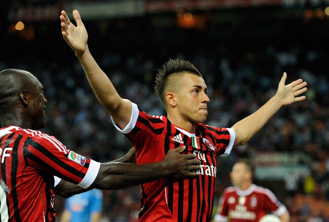 MILAN, ITALY - SEPTEMBER 21:  Stephan El Shaarawy of AC Milan celebrates scoring the first goal during the Serie A match between AC Milan and Udinese Calcio at Stadio Giuseppe Meazza on September 21, 2011 in Milan, Italy.  (Photo by Claudio Villa/Getty Images)
