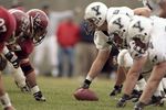 21 Nov 1998:  General view of the Harvard Crimson defensive line (left) lined up against the offensive line of the Yale Bulldogs during the game at the Harvard Stadium in Cambridge, Massachusetts. The Bulldogs defeated the Crimson 9-7. Mandatory Credit: Al Bello  /Allsport