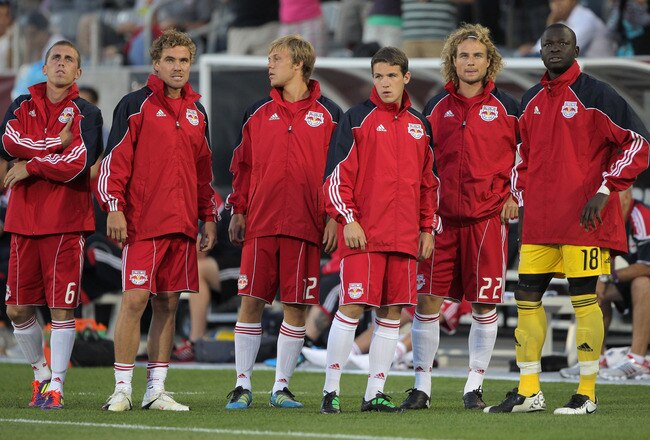 COMMERCE CITY, CO - JULY 20:  The New York Red Bulls reserves look on as Sanni Nyassi #23 of the Colorado Rapids scored his second goal of the game to give the Rpaids a 3-0 lead in the 31st minute at Dick's Sporting Goods Park on July 20, 2011 in Commerce City, Colorado.  (Photo by Doug Pensinger/Getty Images)