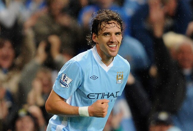 MANCHESTER, ENGLAND - SEPTEMBER 21:  Owen Hargreaves of Manchester City celebrates scoring to make it 1-0 during the Carling Cup Third Round match between Manchester City and Birmingham City at the Etihad Stadium on September 21, 2011 in Manchester, England.  (Photo by Michael Regan/Getty Images)