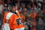 PHILADELPHIA, PA - SEPTEMBER 21: Jody Shelley #45 of the Philadelphia Flyers leaves the ice following his fight against Jay Rosehill #38 of the Toronto Maple Leafs at the Wells Fargo Center on September 21, 2011 in Philadelphia, Pennsylvania.  (Photo by Bruce Bennett/Getty Images)